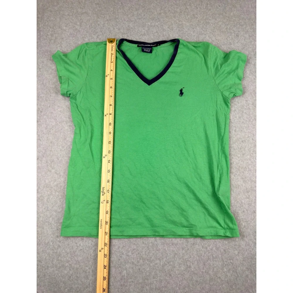 Ralph Lauren Sport Womens Y2K Green V-Neck T-Shirt Navy Pony Preppy Size S